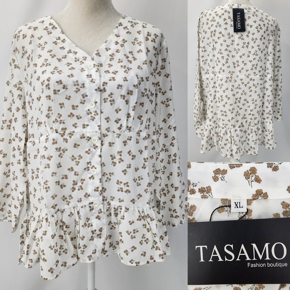 New Tasamo Womens XL Ivory & Mocha Semi-Sheer Peplum High Low V-neck Top 3/4 Slv